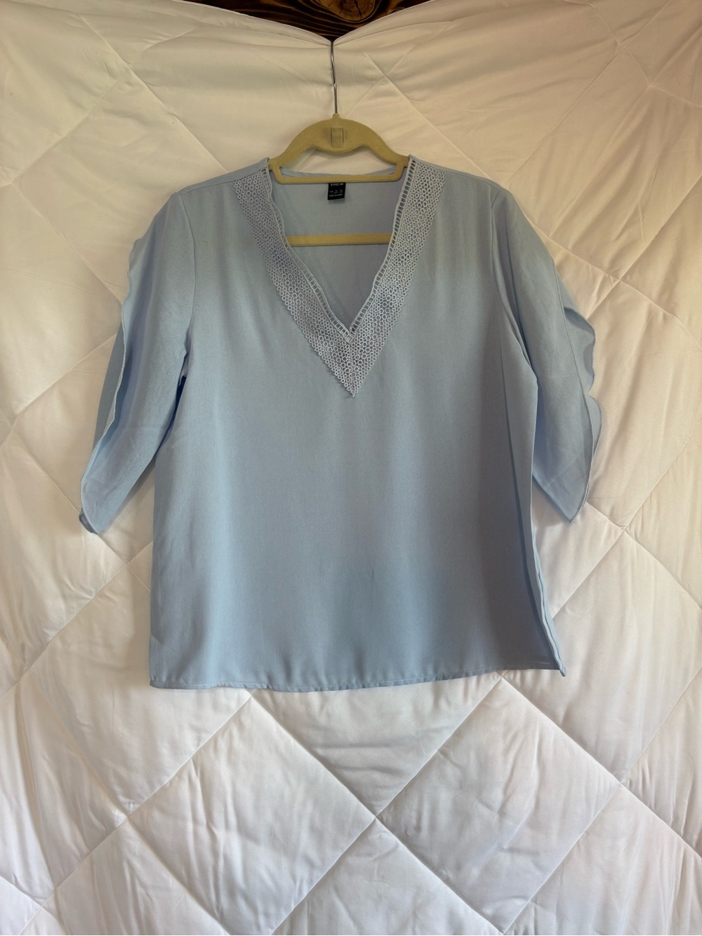 SHEIN Light Blue V-Neck Crochet Trim Blouse